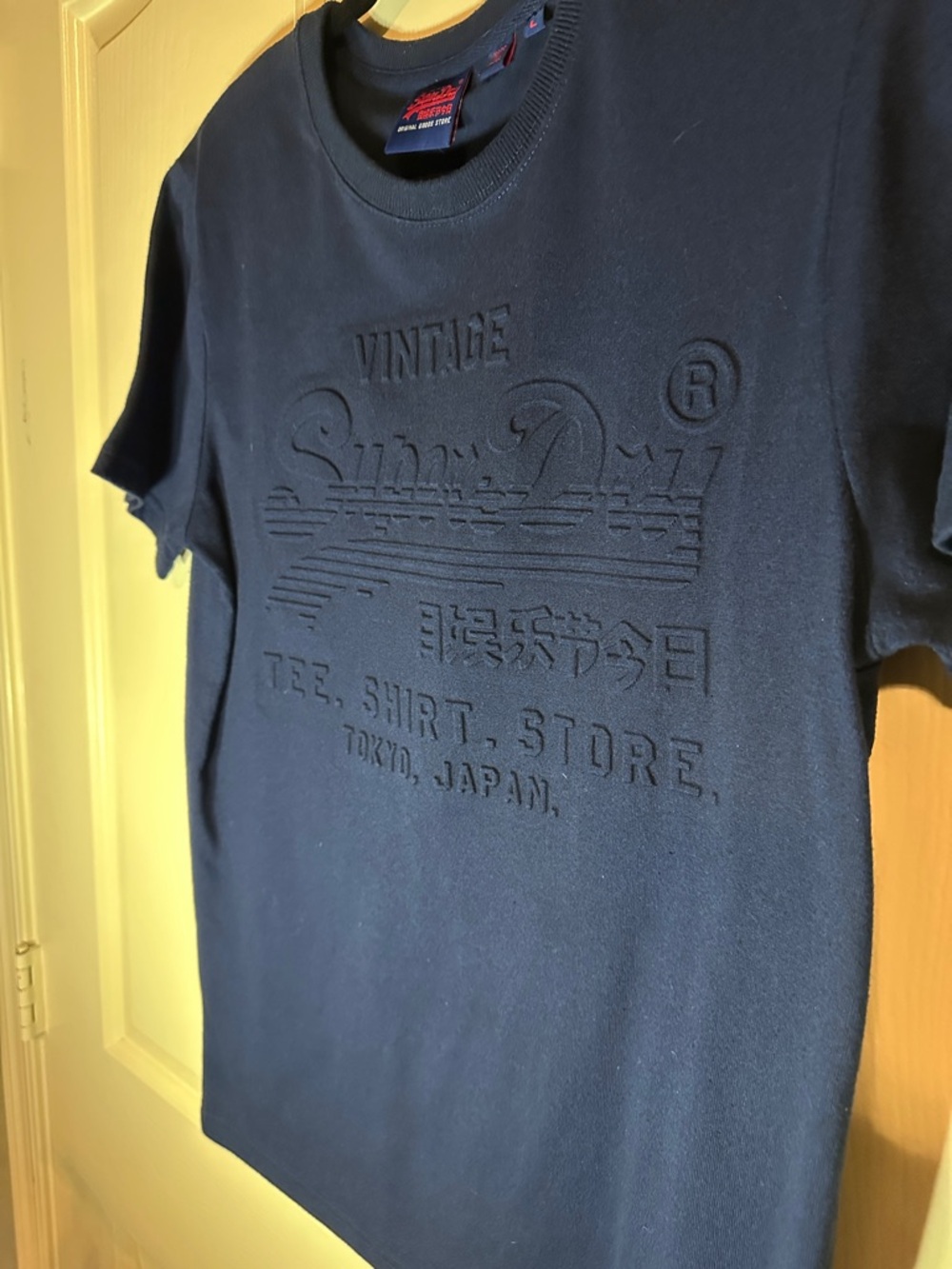 Superdry Embossed Logo Short Sleeve Tee - Navy Blue - Picture 3 of 5